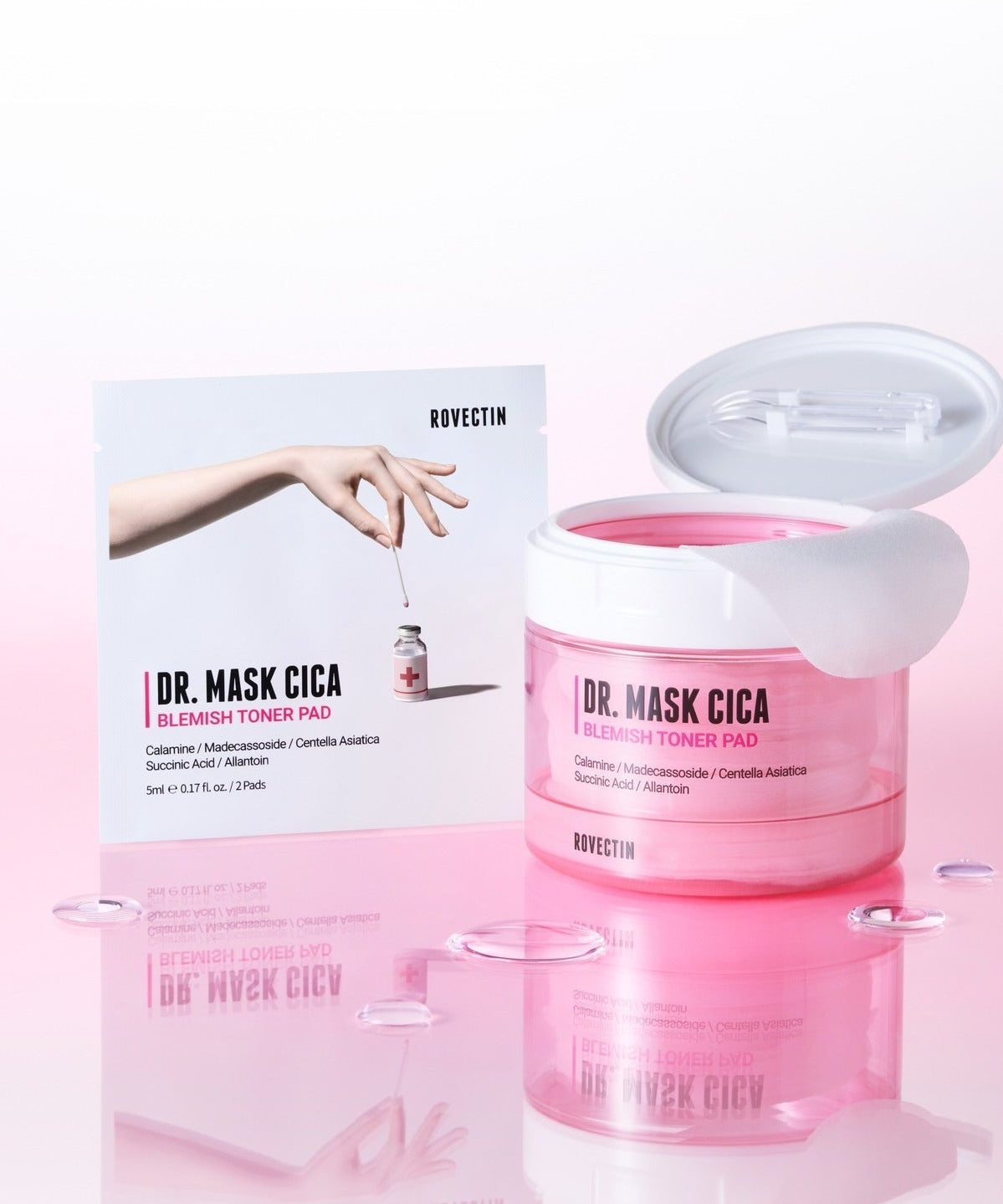 ROVECTIN Dr.Mask Cica Blemish Toner Pads 60 Sheets with open lid and packaging displayed