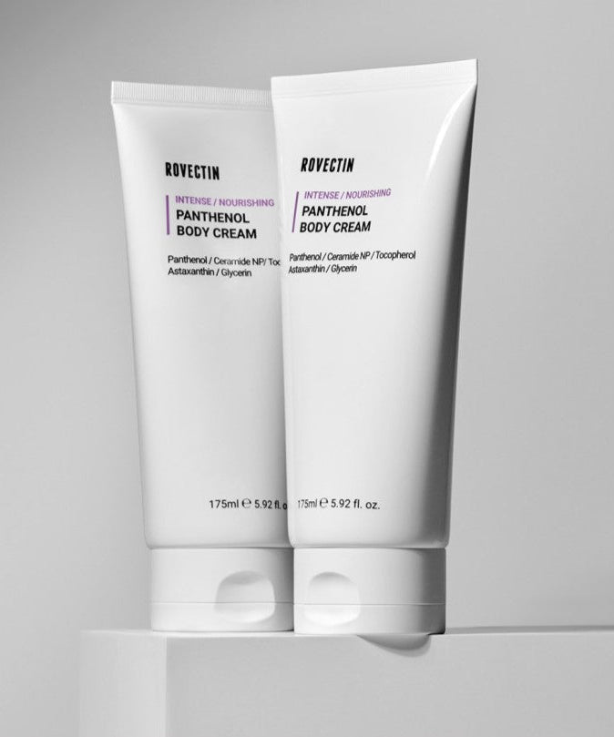 Two tubes of ROVECTIN Intense Panthenol Body Cream 175ml with sleek white packaging.