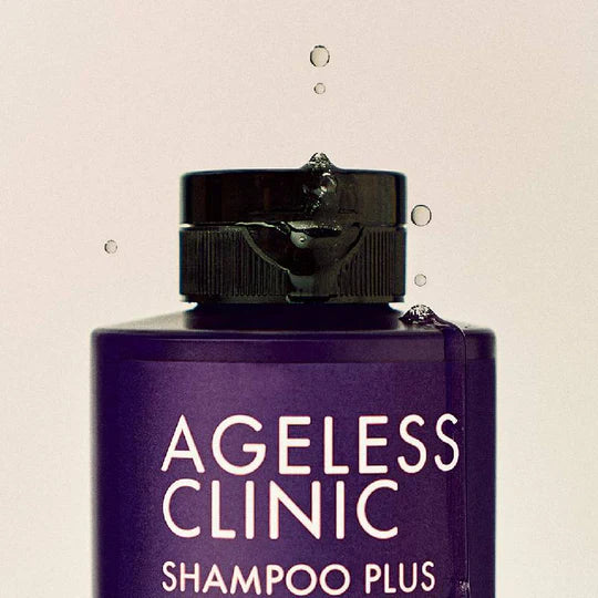 RU:T HAIR Ageless Clinic Shampoo Plus 300ml bottle with visible water droplets