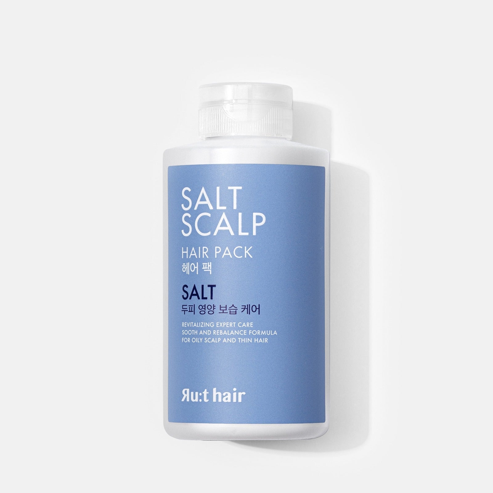 RU:T HAIR Scalp Scaling Salt Hair Pack 300ml in a white and blue bottle with Korean text on the label.