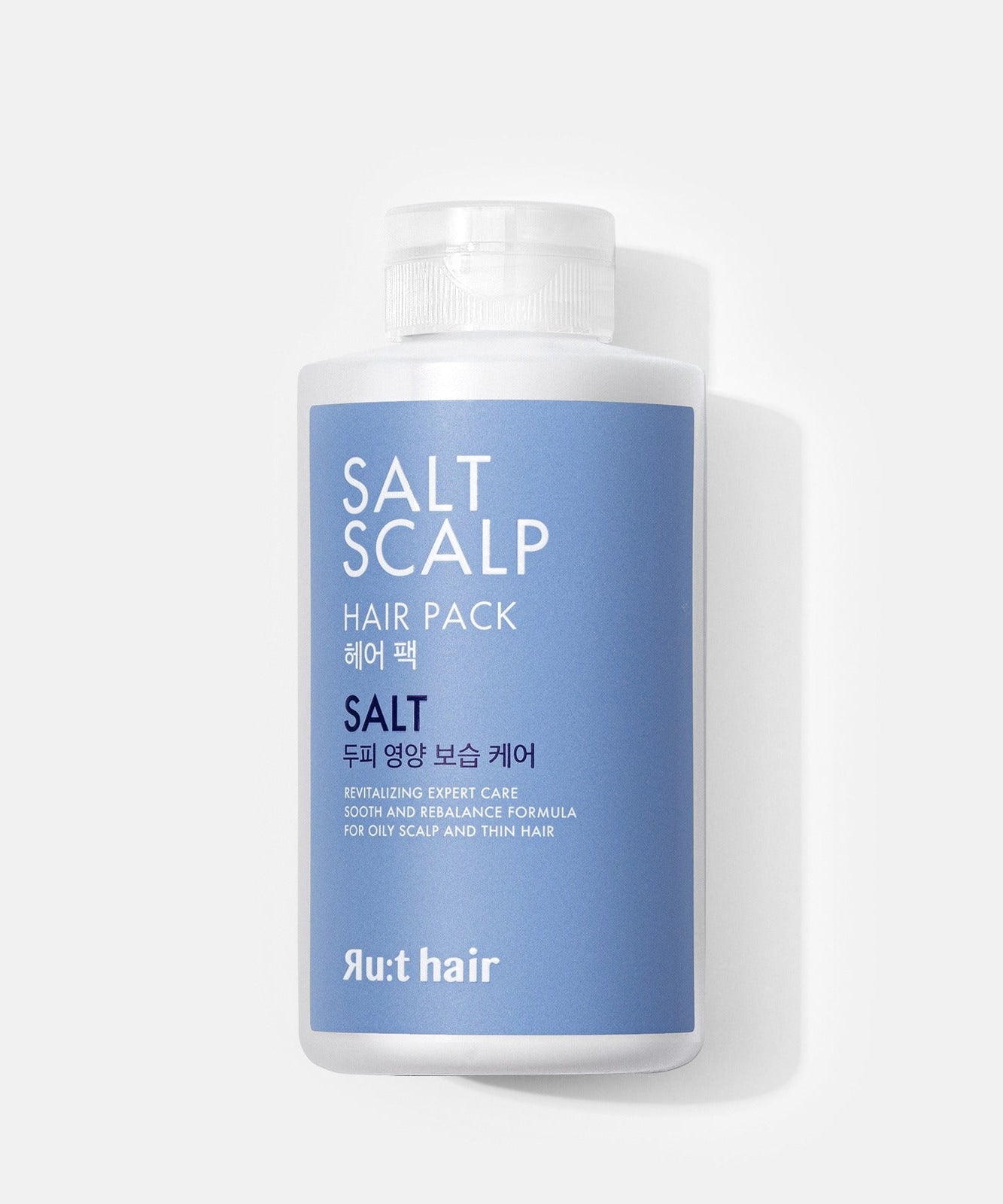 RU:T HAIR Scalp Scaling Salt Hair Pack 300ml in a white and blue bottle with Korean text on the label.