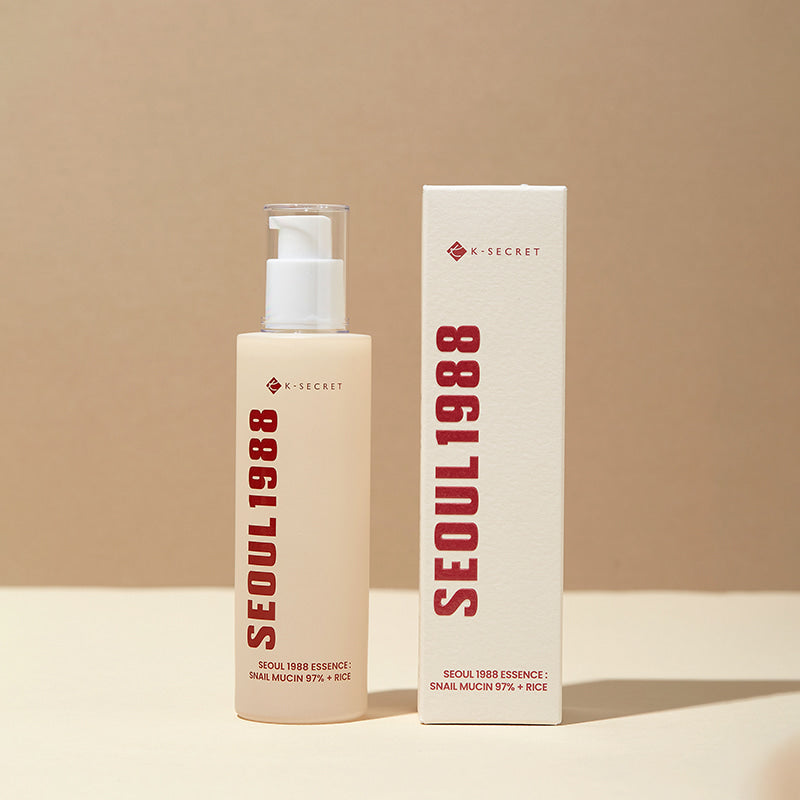 SEOUL 1988 Snail 97 Essence bottle and packaging on a beige background for skincare enthusiasts.