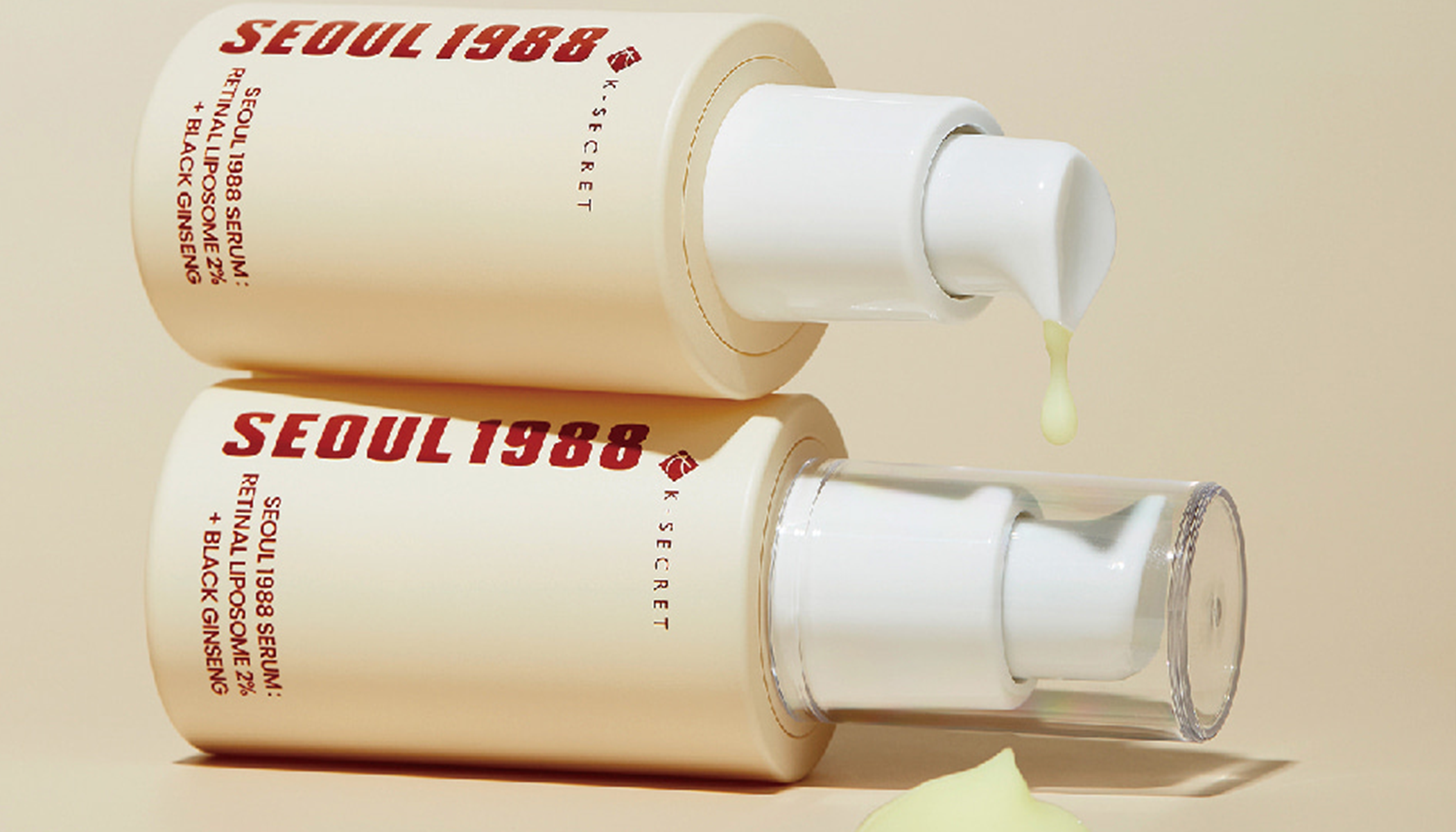 SEOUL 1988 skincare products with serum dripping, featuring sleek packaging design on a beige background.