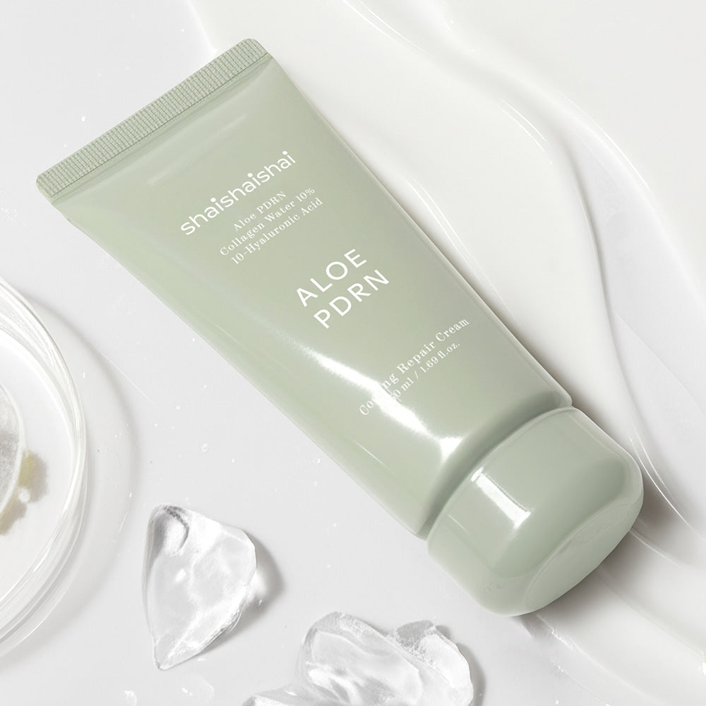 SHAISHAISHAI [1+] Aloe PDRN Cooling Repair Cream 50ml with soothing aloe formula on a smooth white surface.