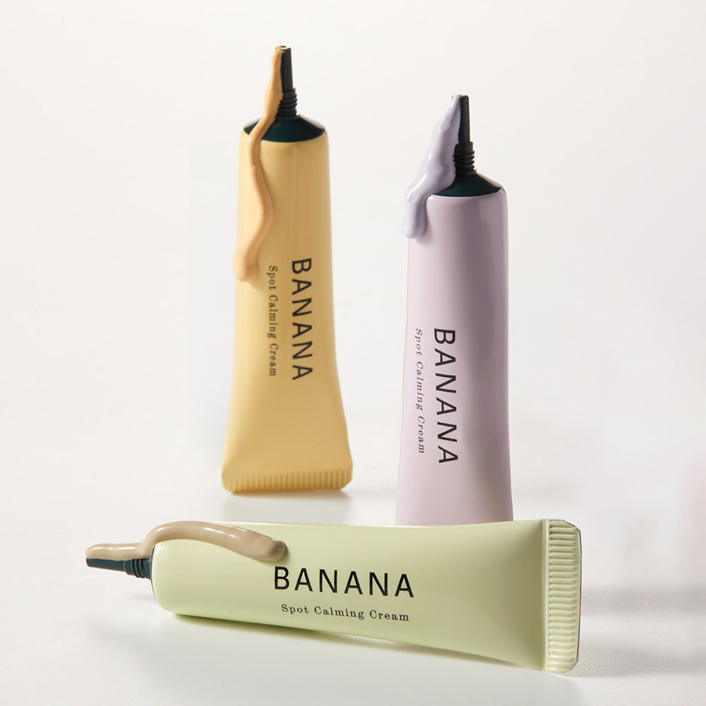 Three tubes of SHAISHAISHAI Banana Spot Calming Cream 15g, featuring light pastel colors and elegant design.