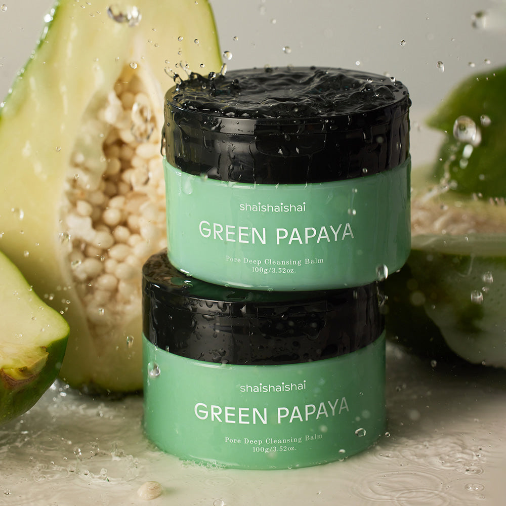 SHAISHAISHAI Green Papaya Pore Deep Cleansing Balm 85ml with fresh papaya background