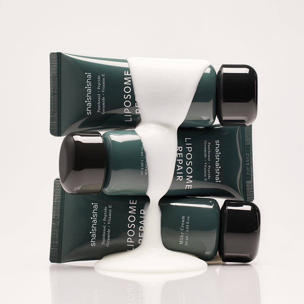 SHAISHAISHAI Liposome Repair Milky Cream 50ml tubes with creamy texture showcasing product packaging.