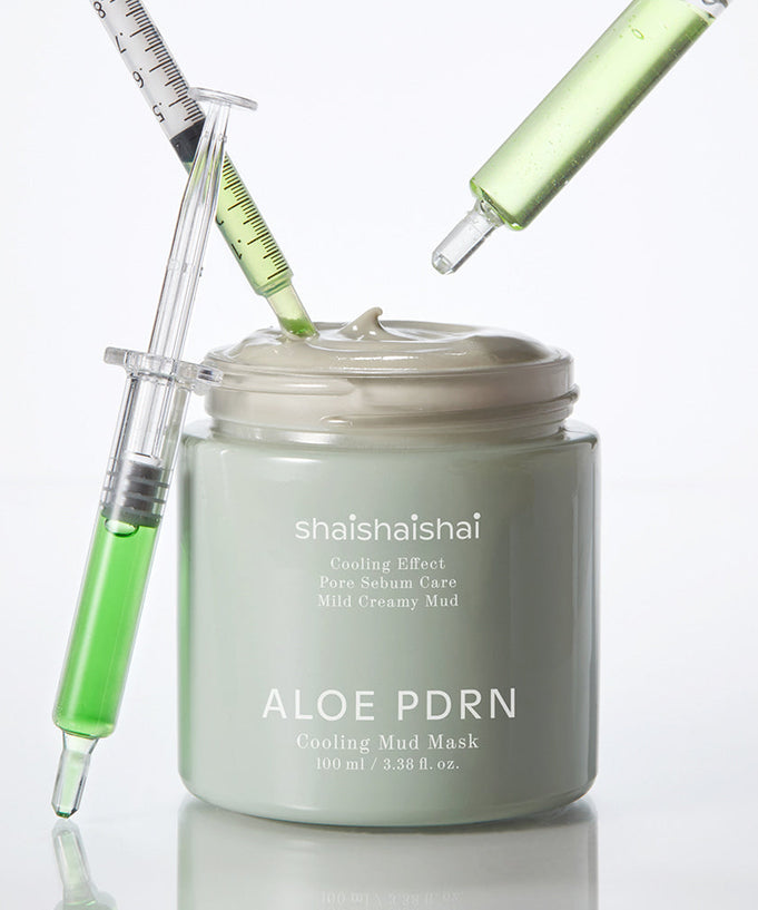 SHAISHAISHAI [1+1]Aloe PDRN Cooling Mud Mask 100ml jar with syringes of green liquid, highlighting cooling and moisturizing effects.