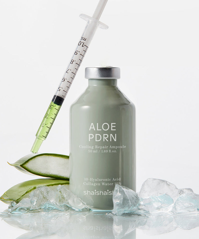 SHAISHAISHAI [1+1] Aloe PDRN Cooling Repair Ampoule 50ml with syringe and aloe leaves.
