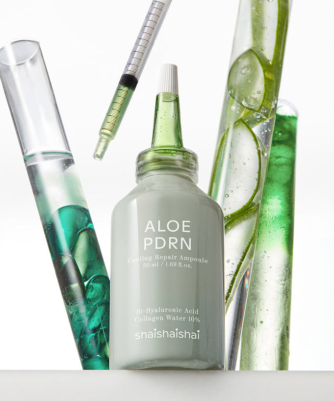 SHAISHAISHAI [1+1] Aloe PDRN Cooling Repair Ampoule 50ml with green and clear liquid in vials for skincare healing.