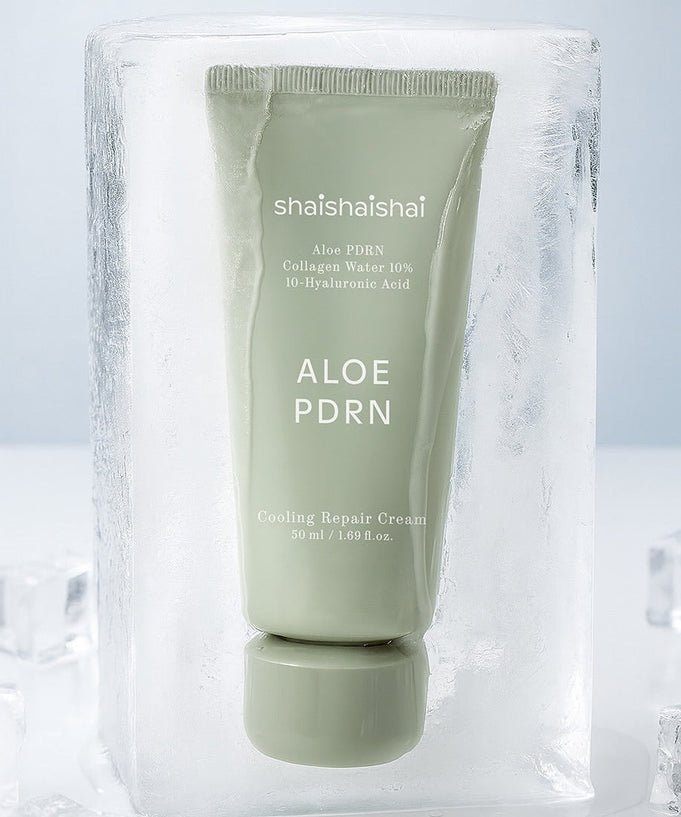 SHAISHAISHAI [1+] Aloe PDRN Cooling Repair Cream 50ml in ice block, showcasing cooling effect.