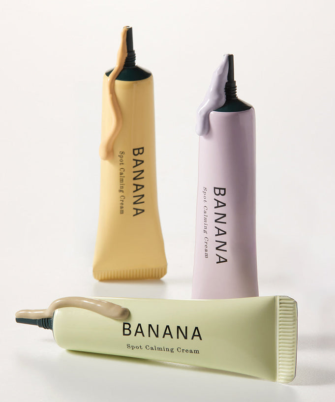 Three tubes of SHAISHAISHAI Banana Spot Calming Cream 15g, featuring light pastel colors and elegant design.