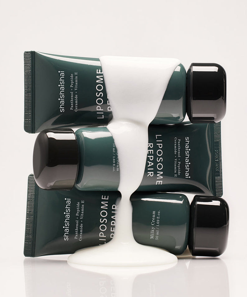 SHAISHAISHAI Liposome Repair Milky Cream 50ml tubes with creamy texture showcasing product packaging.