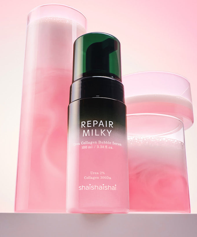 SHAISHAISHAI Repair Milky Urea Glow Bubble Serum 100ml in elegant packaging with pink gradient background