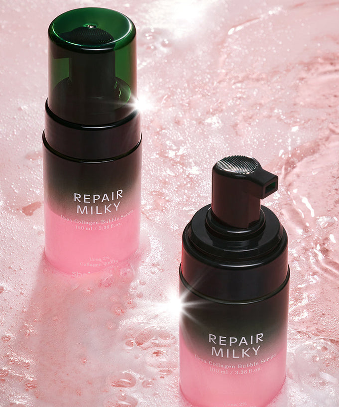 SHAISHAISHAI Repair Milky Urea Glow Bubble Serum 100ml bottles on a pink surface