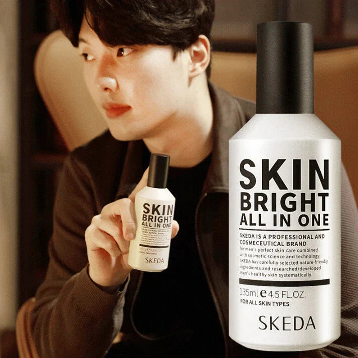 SKEDA 1+1 Skin Bright All-in-One 135ml bottle displayed with gentleman model, Korean men’s skincare by Gentleman Korea