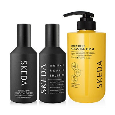 SKEDA Men's Whitteing Wrinkle Improvement (Skin+Lotion)+Large Capacity Cleansing Foam 3 Pices Set - Gentleman Korea men’s skincare trio packaging