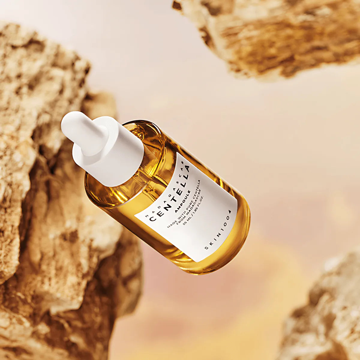 SKIN1004 Madagascar Centella Ampoule 55ml bottle amid natural rocky backdrop