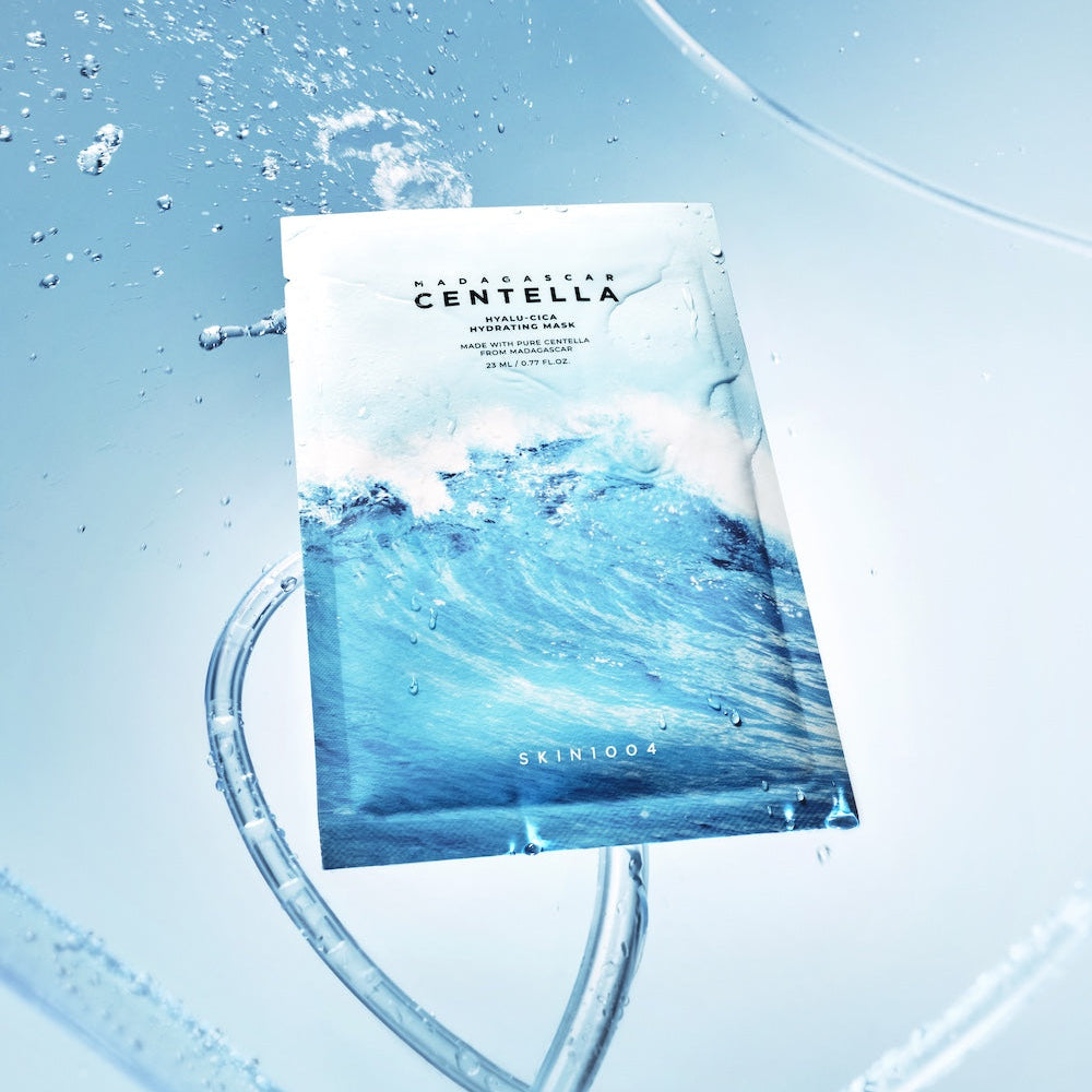SKIN1004 Madagascar Centella Hyalu-Cica Acid Hydrating Mask 23ml [5 sheets] product image with a refreshing wave design.