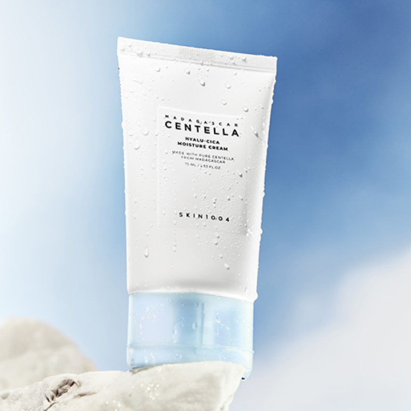 SKIN1004 Madagascar Centella Hyalu-Cica Moisture Cream 75ml on a smooth rock with a blue sky background