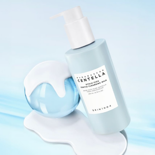 SKIN1004 Madagascar Centella Hyalur-Cica Gentle Cleansing Milk 200ml bottle with blue background and milky texture