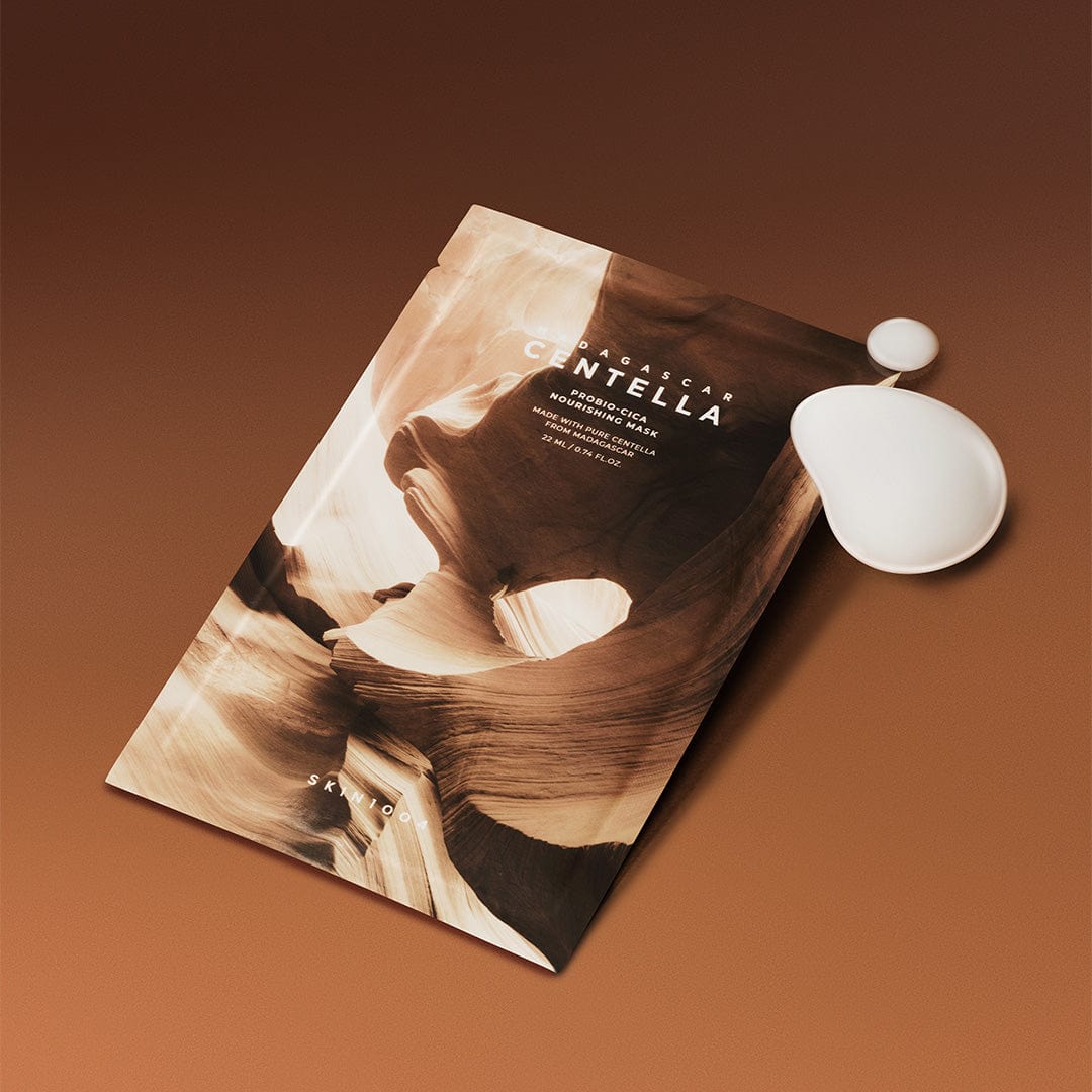 SKIN1004 Madagascar Centella Probio-cica Nourishing Mask 22ml [5 sheets] on gradient background with cream application