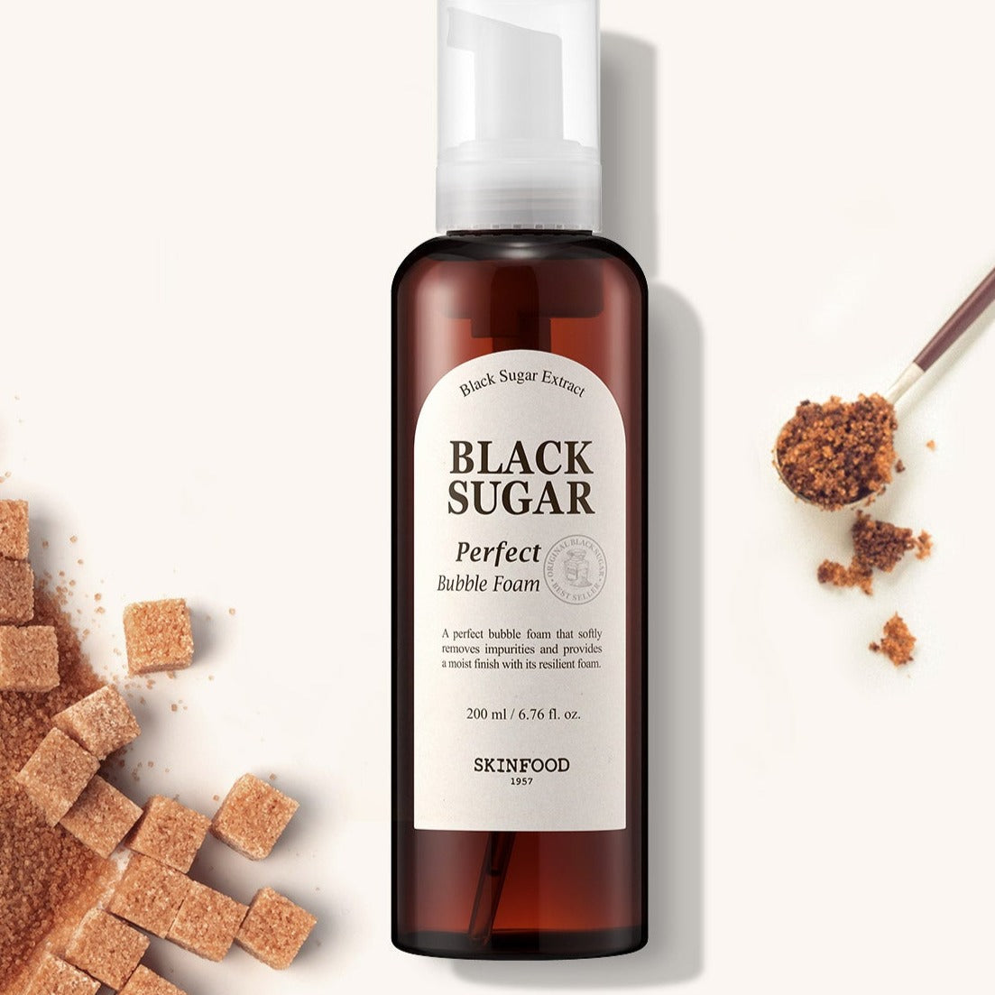 SKINFOOD Black Sugar Perfect Bubble Foam 200ml with brown sugar and foam on display