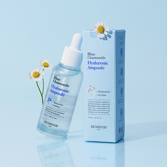 SKINFOOD Blue Chamomile Hyaluronic Ampoule 50ml with packaging and flowers