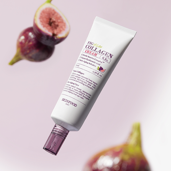 SKINFOOD Fig Vegan Collagen Cream 70ml tube with figs on a pink background
