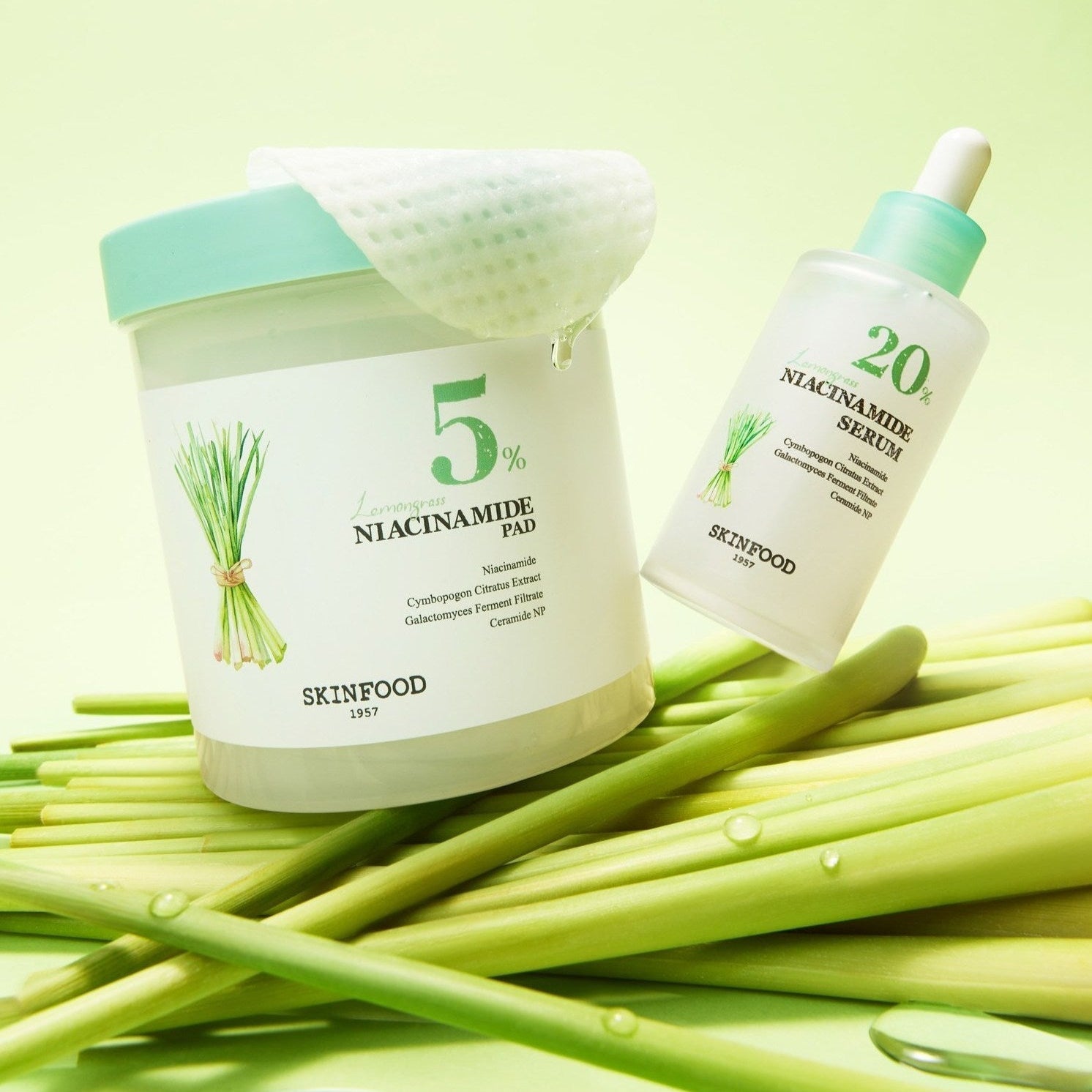 SKINFOOD Lemongrass Niacinamide 20 Serum 50ml with niacinamide pads, lemongrass extract, skincare duo, skincare essentials on lemongrass background
