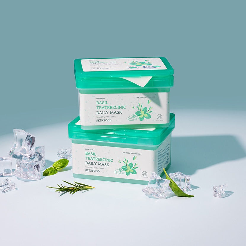 SKINFOOD [NEW] Basil Tea Tree Cynic Daily Mask 30 Sheets in packaging with refreshing leaf and ice elements