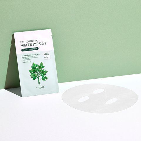 SKINFOOD Pantothenic Water Parsley Mask package with facial sheet on green background