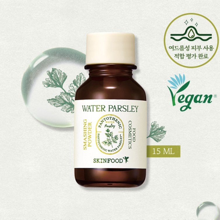 SKINFOOD Pantothenic Water Parsley Smashing Powder 15ml vegan formula bottle on display