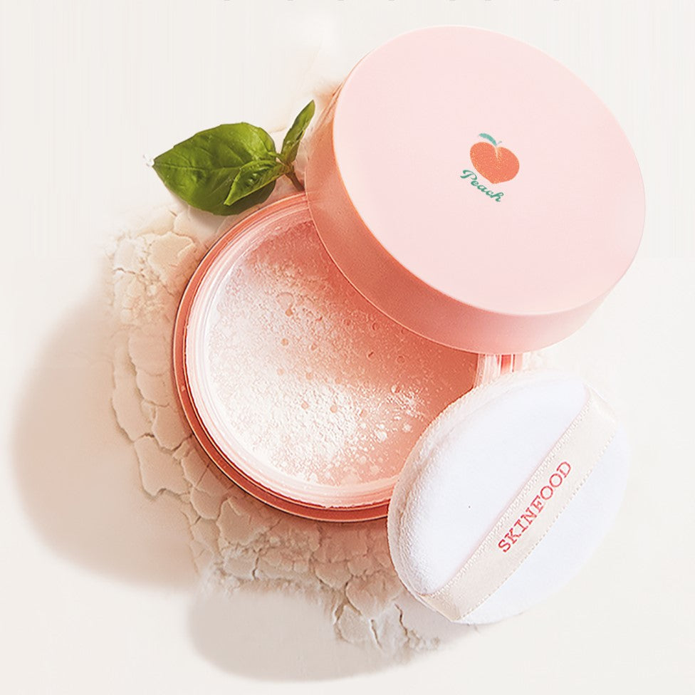 SKINFOOD Peach Cotton Multi Finish Powder in an open peach-colored container with applicator pad, showing the finely milled powder texture.