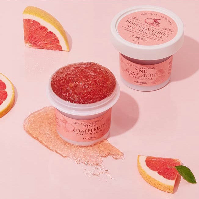 SKINFOOD Pink Grapefruit Aha Food Mask 120g displayed with grapefruit slices on a pink background