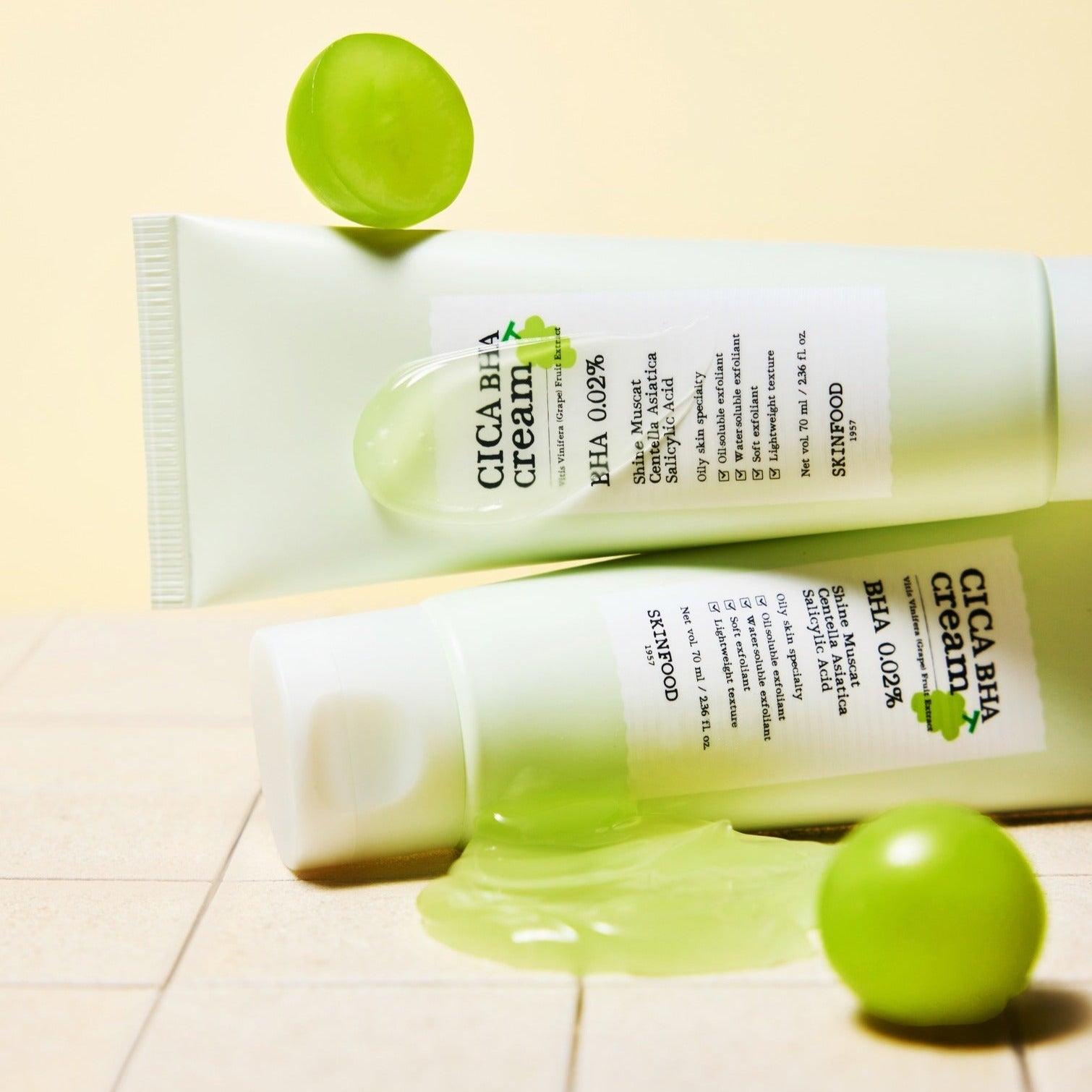 SKINFOOD Shine Muscat Cica Baja Cream 70ml - moisturizing and soothing skincare product with green packaging and grape accents.