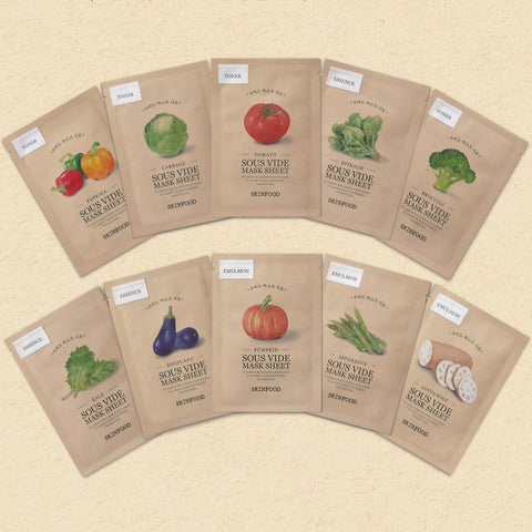 Assorted SKINFOOD Sous Vide Mask Sheet packs featuring various vegetables for nourishing skincare