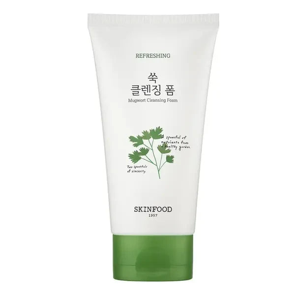 SKINFOOD Veggie Garden Mugwort Cleansing Foam 150ml tube with green cap and botanical illustrations on front.