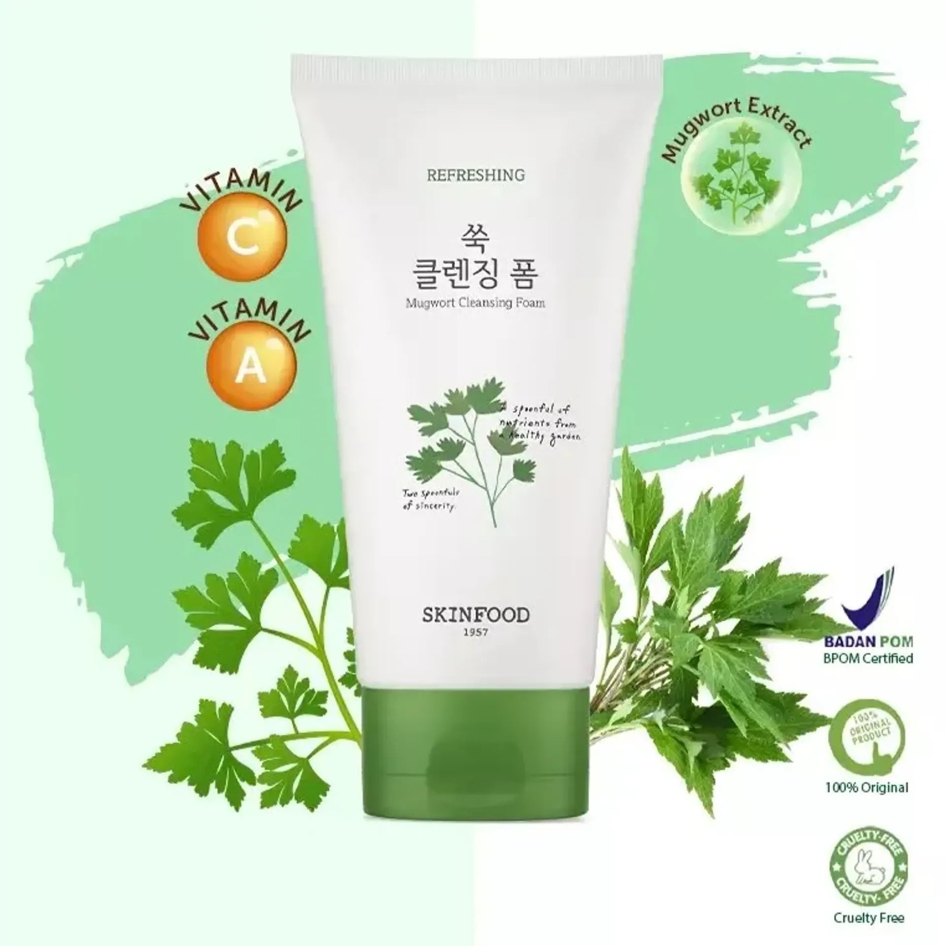 SKINFOOD Veggie Garden Mugwort Cleansing Foam 150ml with Vitamin C benefits and Mugwort extract, cruelty-free and 100% original.