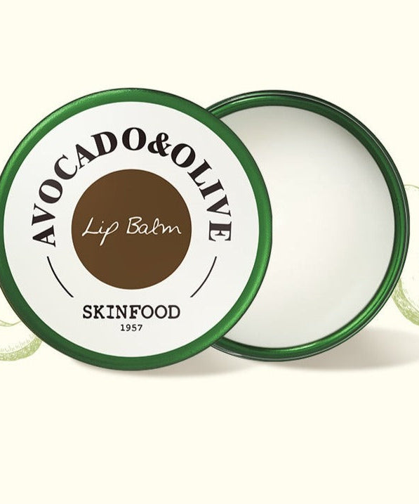 Open tin of SKINFOOD Avocado & Olive Lip Balm 12g showing product packaging.