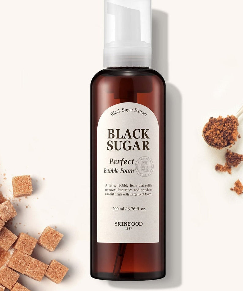 SKINFOOD Black Sugar Perfect Bubble Foam 200ml with brown sugar and foam on display