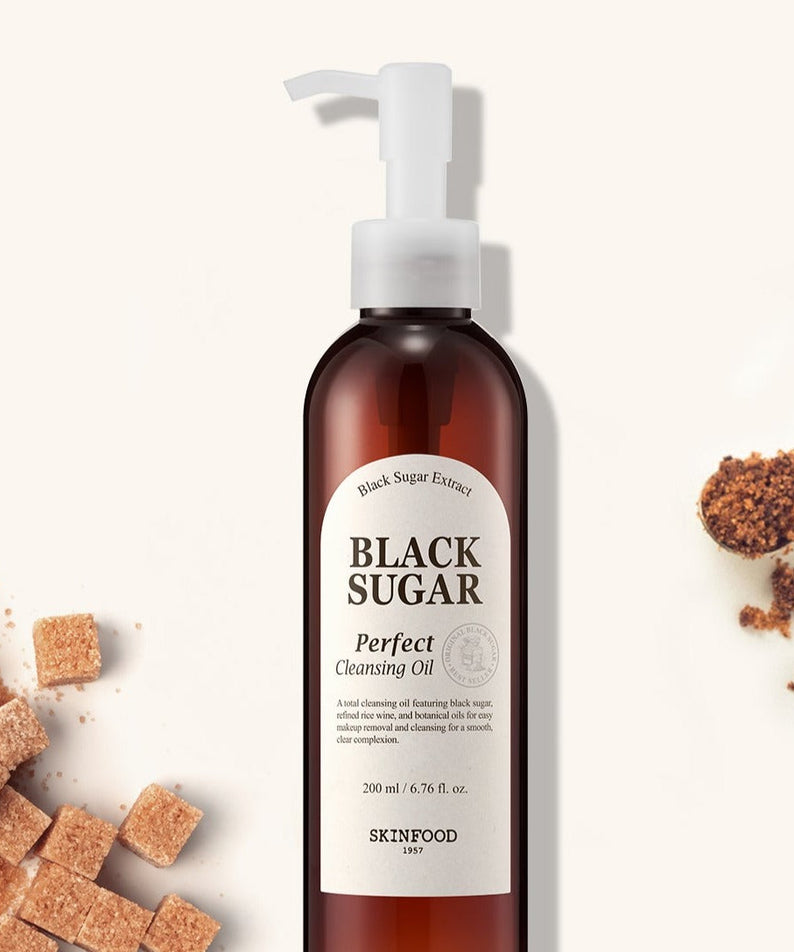 SKINFOOD Black Sugar Perfect Cleansing Oil 200ml bottle with sugar cubes in the background