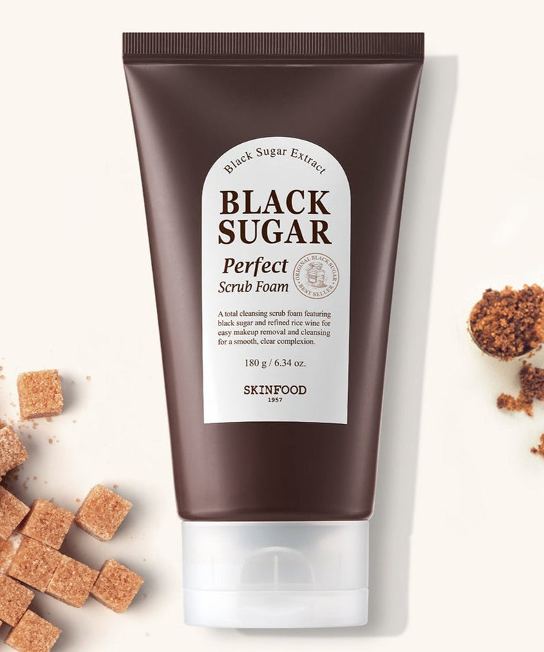 SKINFOOD Black Sugar Perfect Scrub Foam 180g with brown sugar cubes and granules