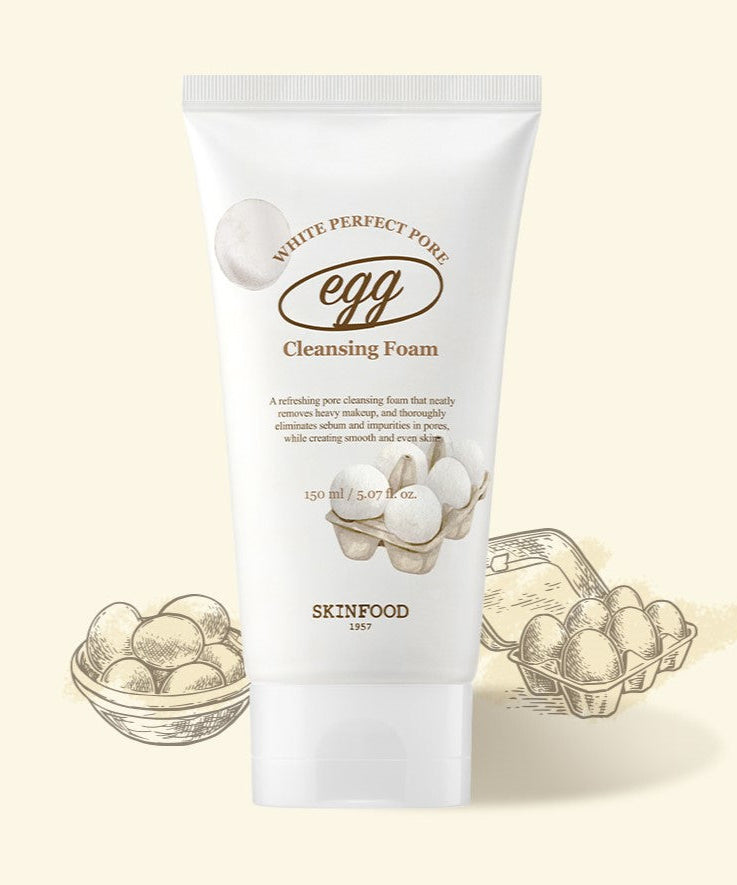 SKINFOOD Egg White Perfect Pore Cleansing Foam 150ml product packaging with egg illustration background.