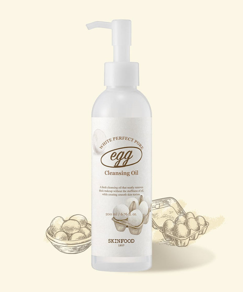 SKINFOOD Egg White Perfect Pore Cleansing Oil 200ml in a bottle with egg illustrations in the background.