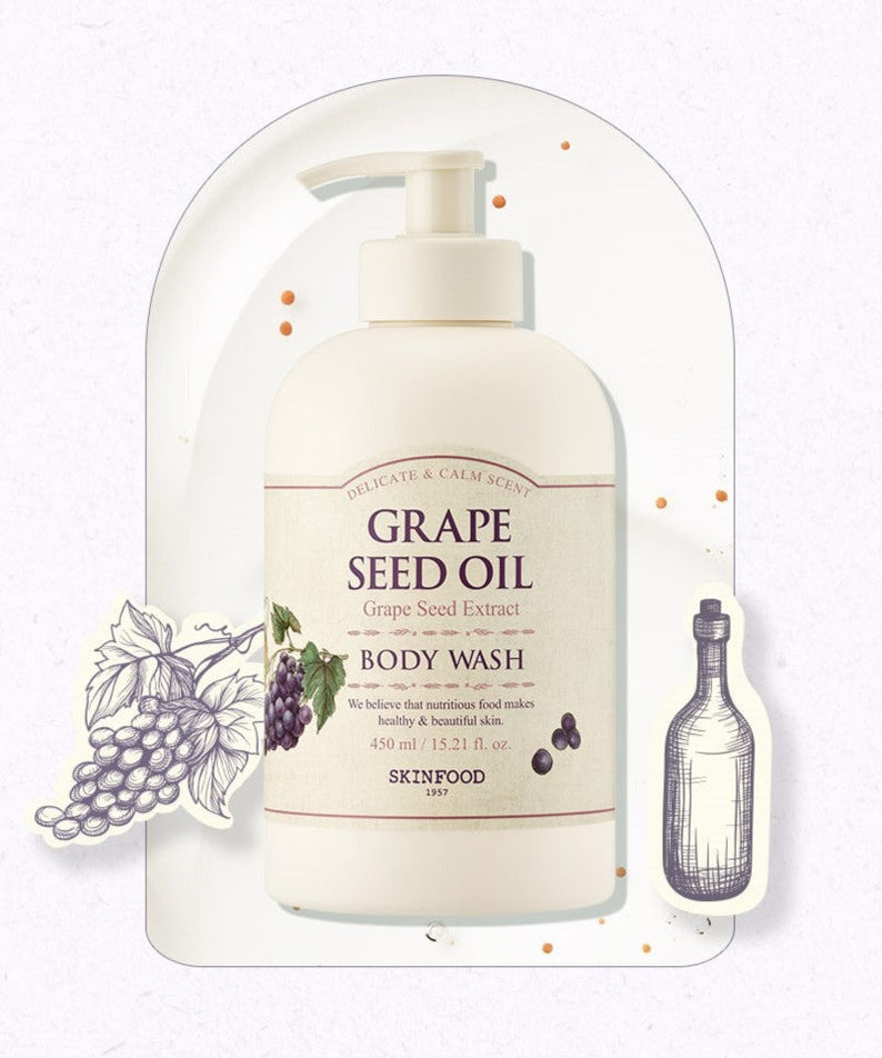 SKINFOOD Grape Seed Oil Body Wash 450ml bottle with grape illustration and oil bottle