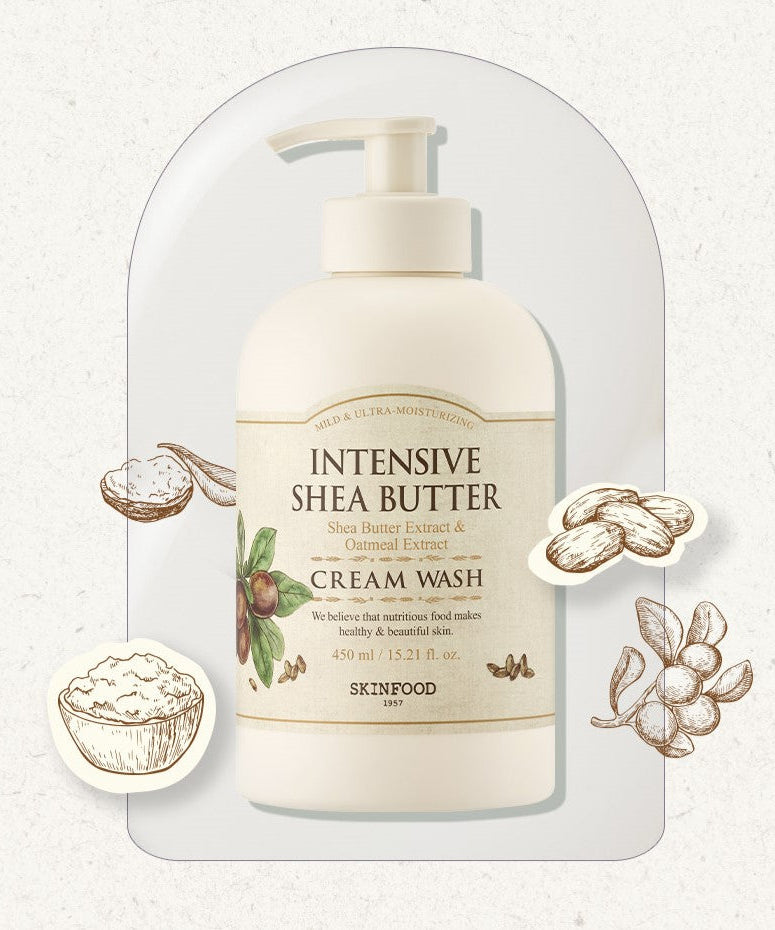 SKINFOOD Intensive Shea Butter Body Cream Wash 450ml bottle with illustrated shea nuts and oatmeal