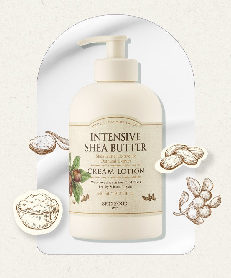 SKINFOOD Intensive Shea Butter Cream Lotion 450ml with shea butter and oatmeal extracts for ultra-moisturizing skincare.