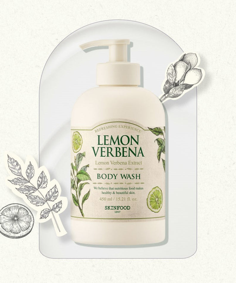 Bottle of SKINFOOD Lemon Verbena Body Wash 450ml with botanical illustrations in the background