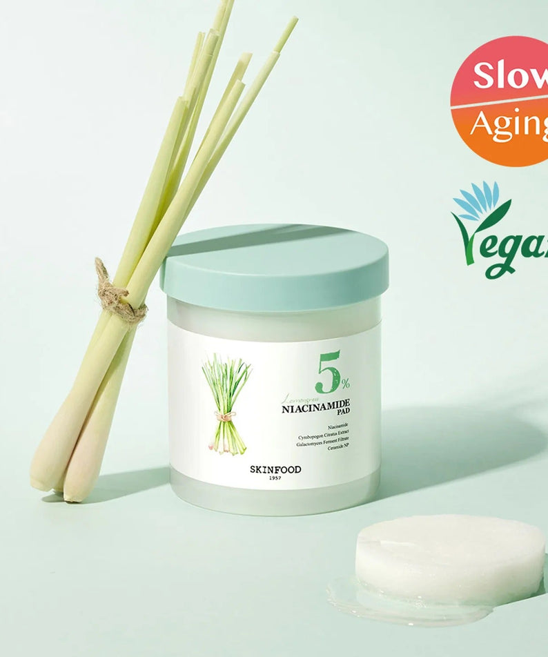 SKINFOOD Lemongrass Niacinamide 5 60 Pads with soothing lemongrass and niacinamide formula, ideal for skin brightening and rejuvenation.